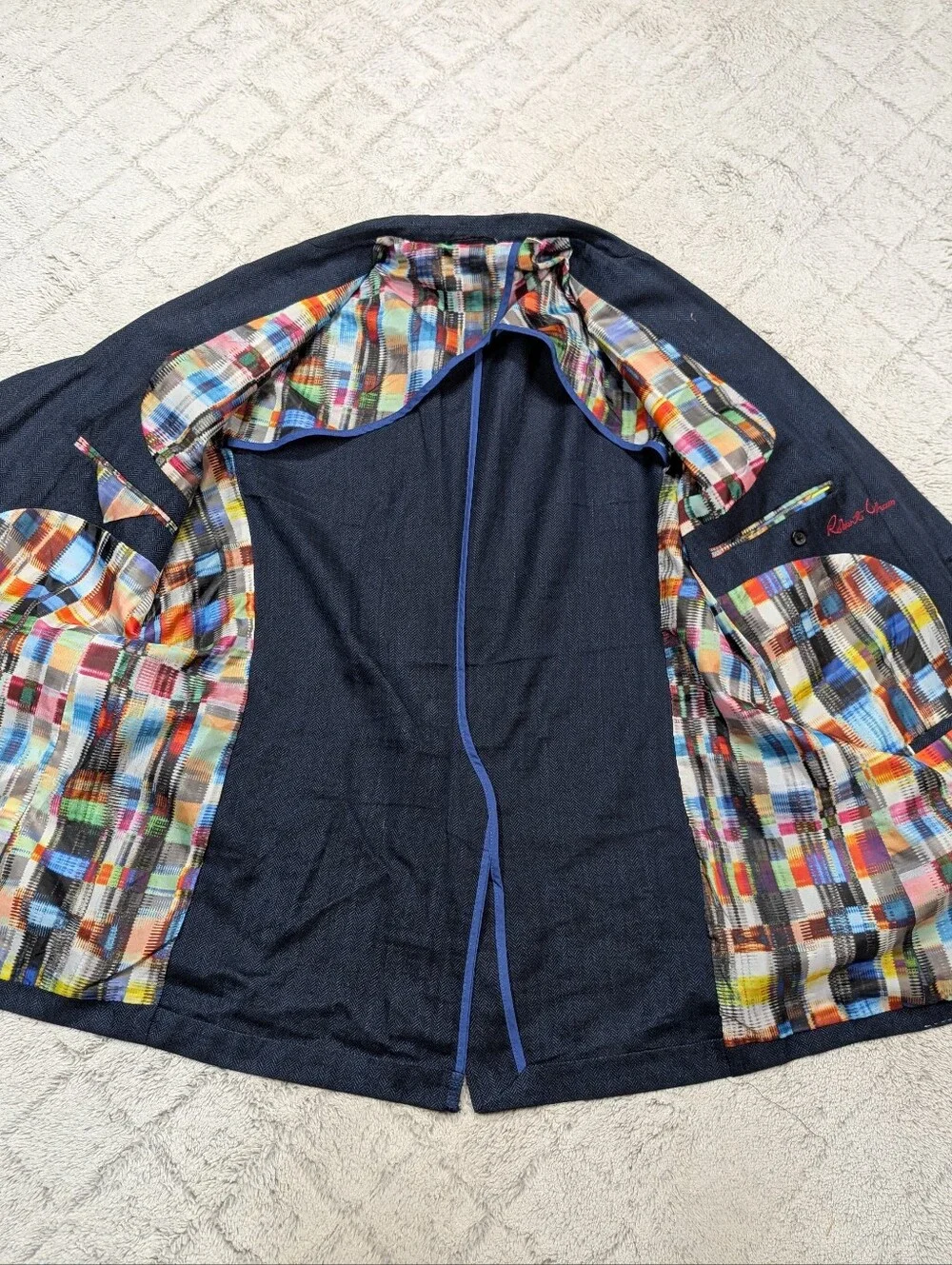 Robert Graham Jacket Mens 42R Blue Herringbone Linen Blend Unstructured Blazer